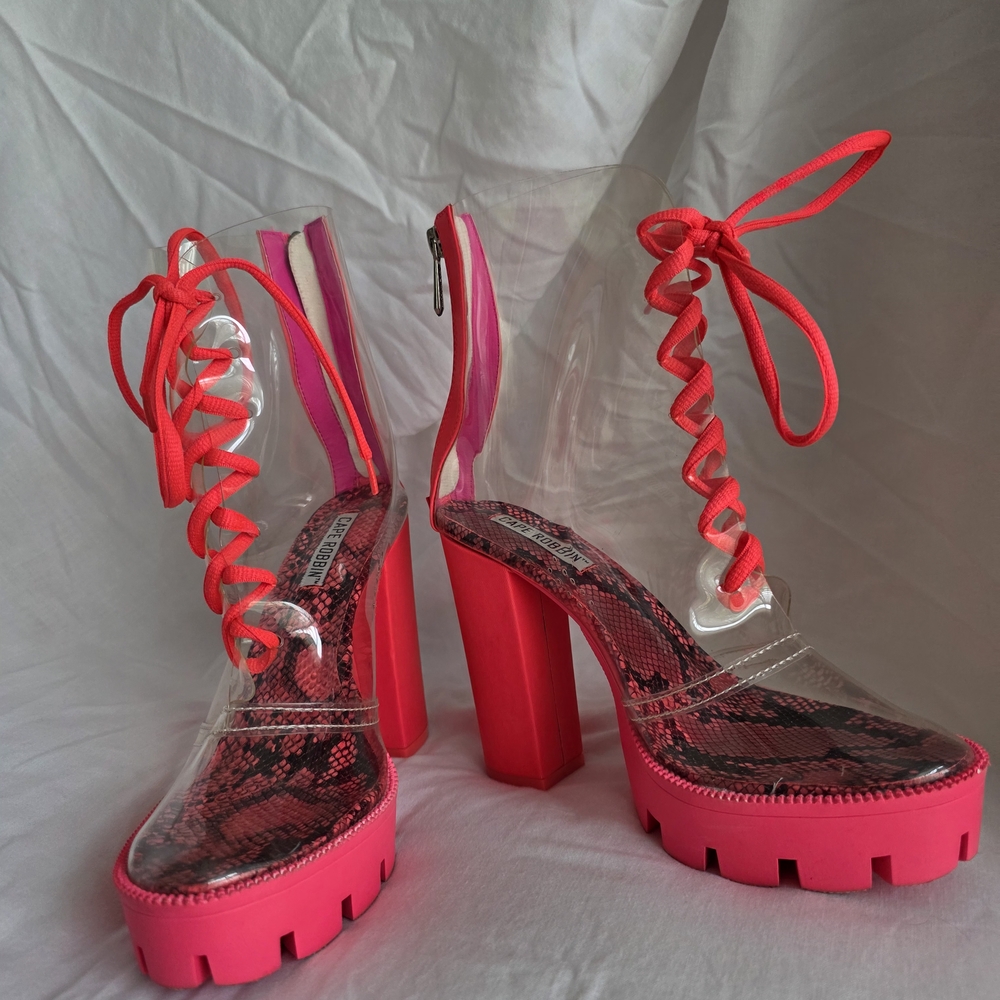Cape Robbin Clear Lace-Up Boots with Neon Pink